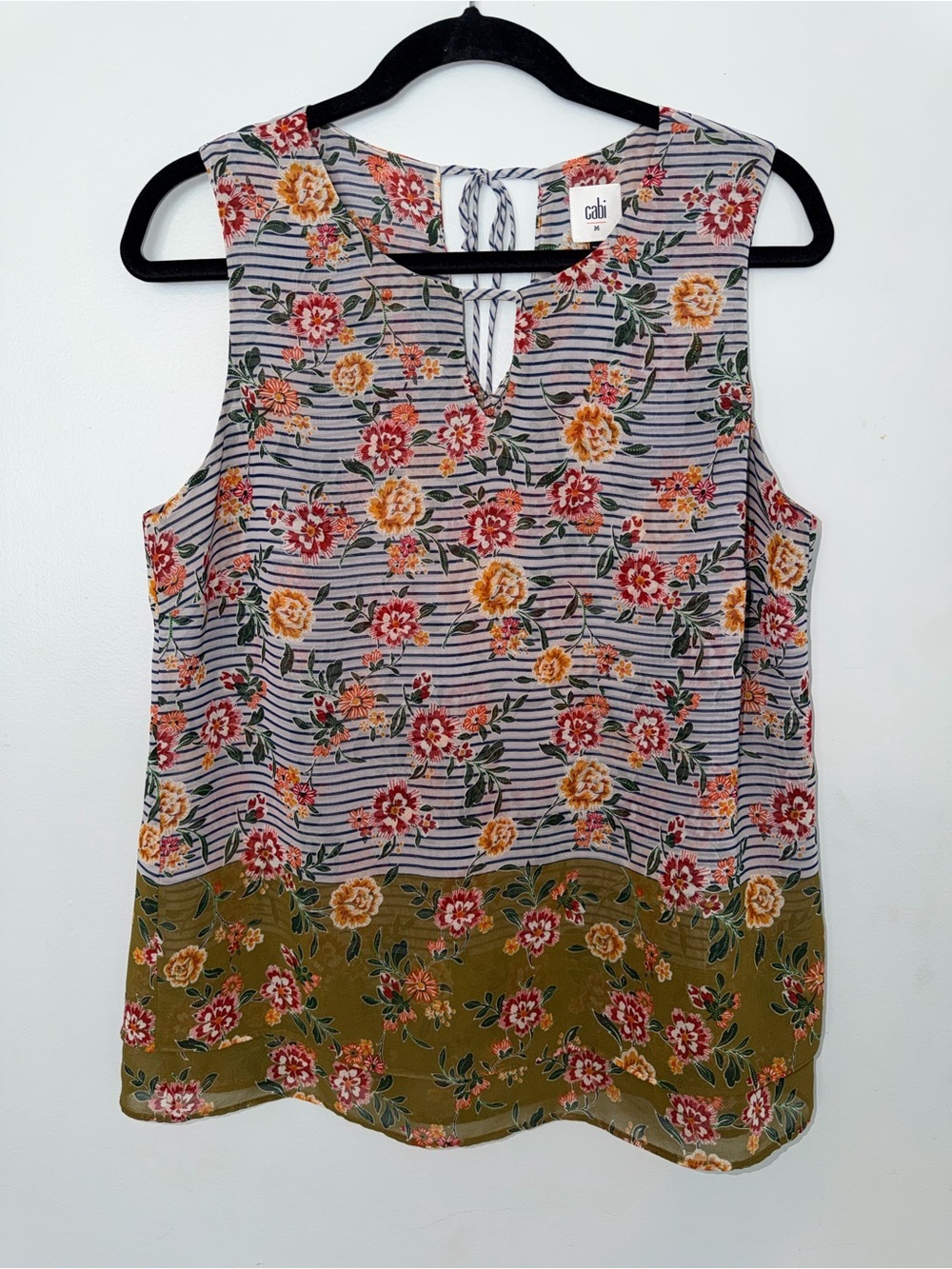 CAbi Floral Stripe Sheer Sleeveless Top - Pink, Olive & Yellow